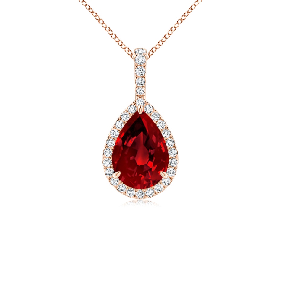 10x8mm Labgrown Lab-Grown Ruby Teardrop Pendant with Lab Diamond Halo in Rose Gold 