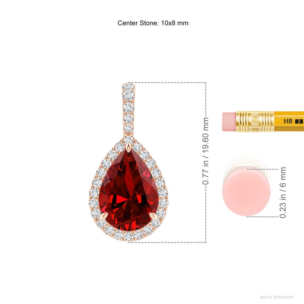 10x8mm Labgrown Lab-Grown Ruby Teardrop Pendant with Lab Diamond Halo in Rose Gold ruler