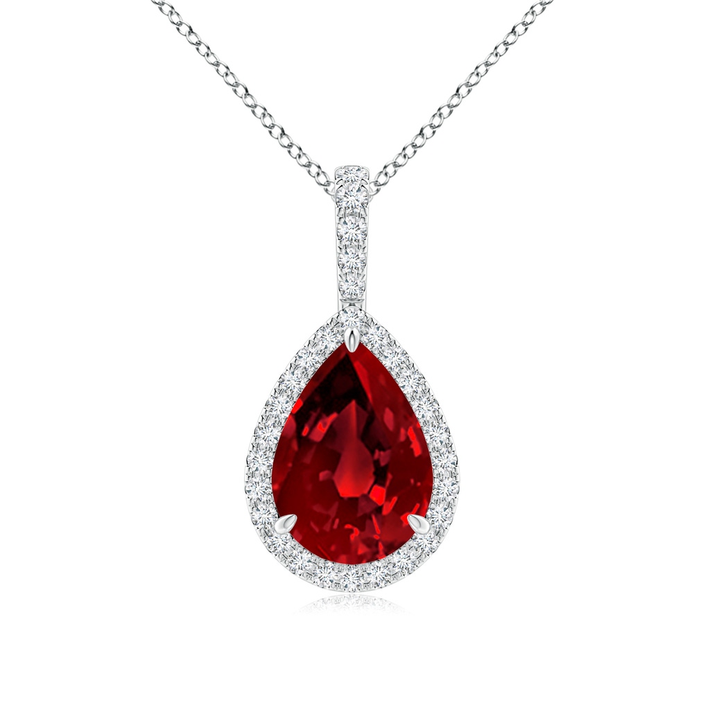 10x8mm Labgrown Lab-Grown Ruby Teardrop Pendant with Lab Diamond Halo in S999 Silver