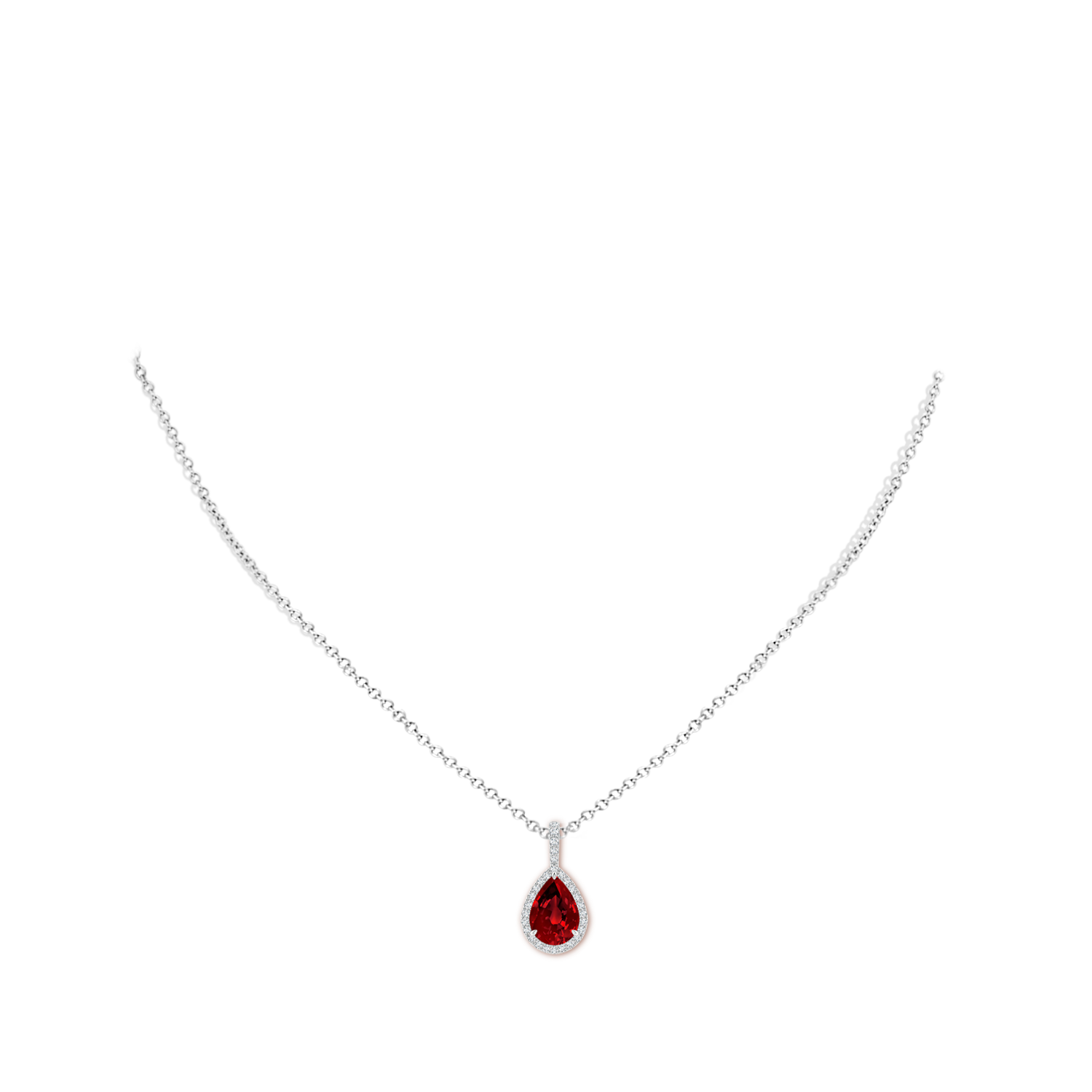 10x8mm Labgrown Lab-Grown Ruby Teardrop Pendant with Lab Diamond Halo in White Gold - body_neck