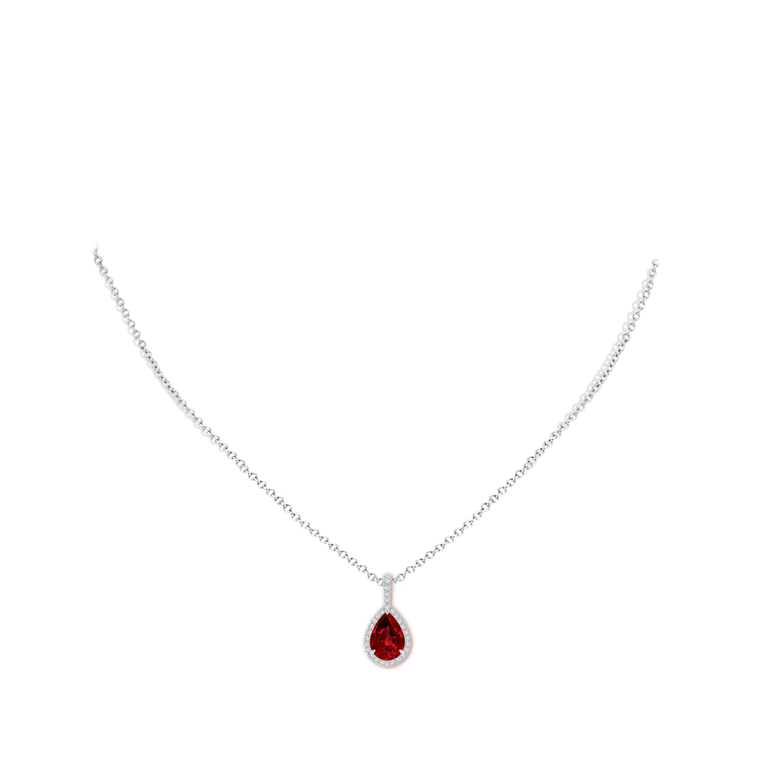 10x8mm Labgrown Lab-Grown Ruby Teardrop Pendant with Lab Diamond Halo in White Gold - body_neck
