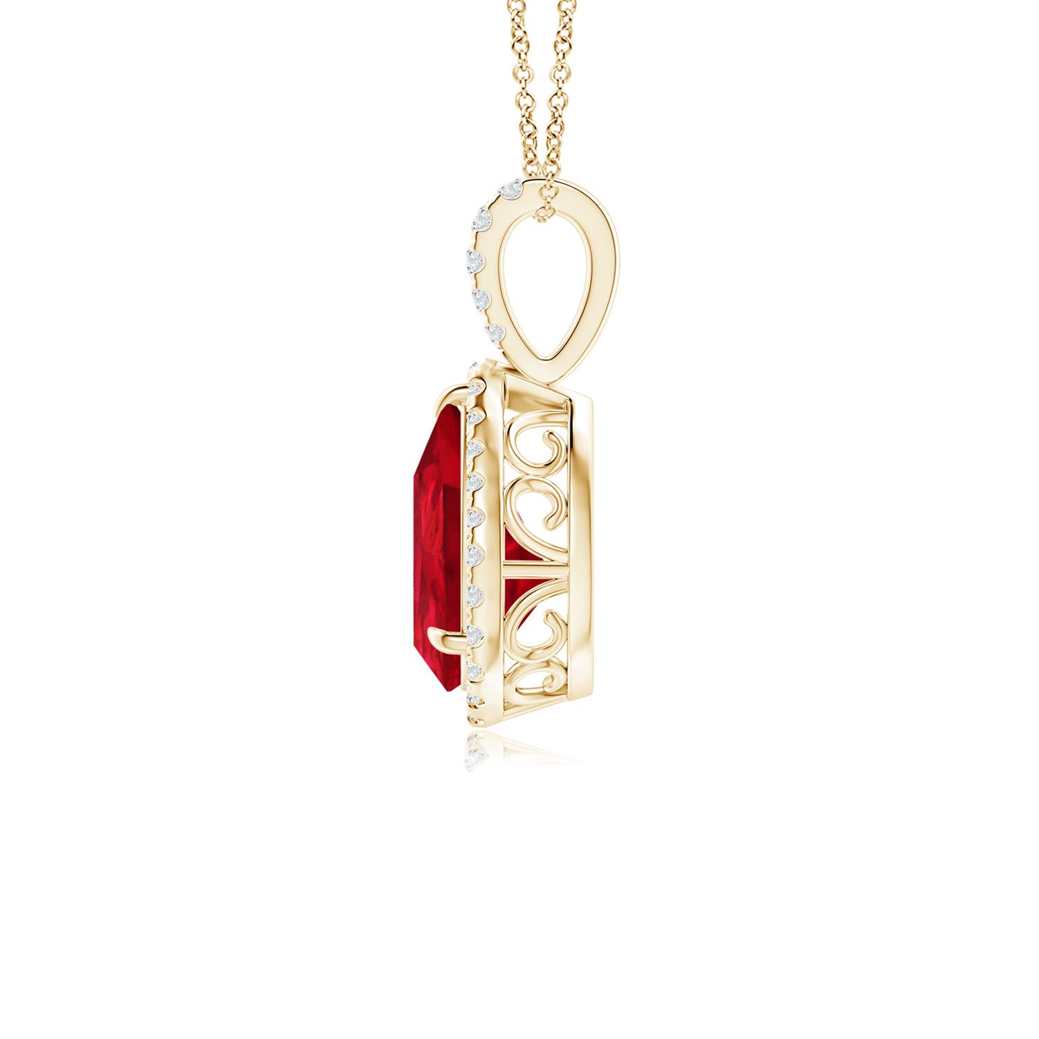10x8mm Labgrown Lab-Grown Ruby Teardrop Pendant with Lab Diamond Halo in Yellow Gold