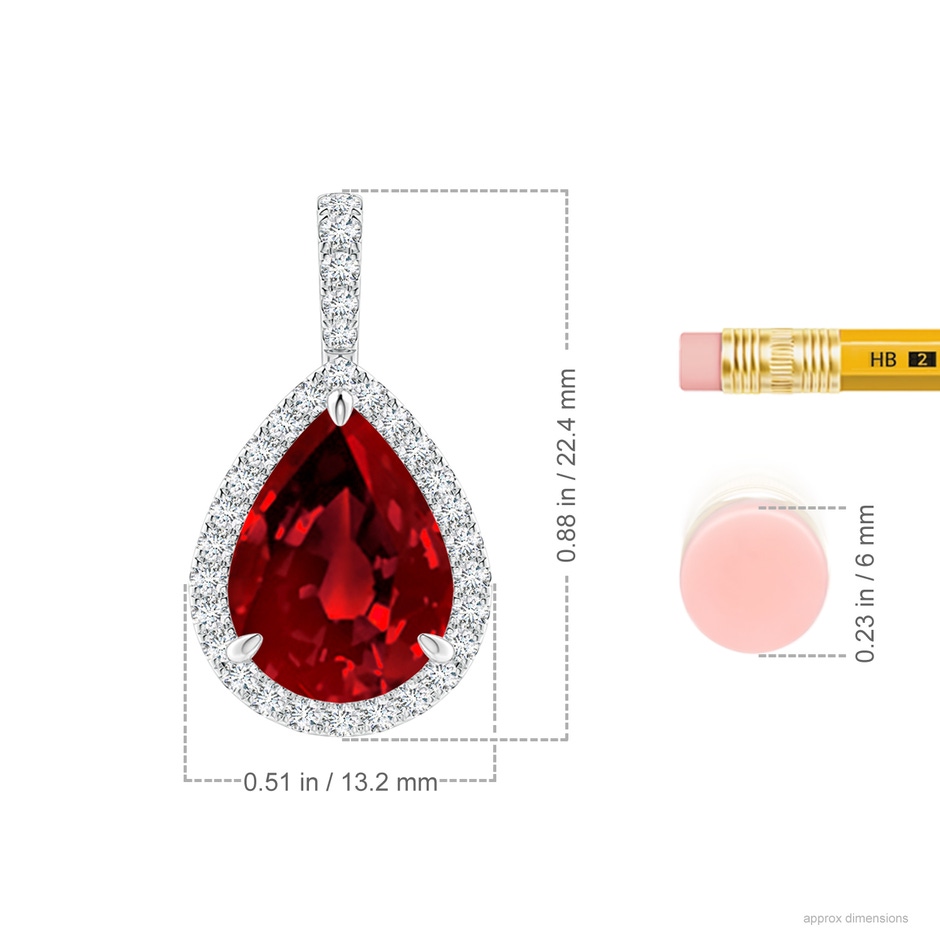 12x10mm Labgrown Lab-Grown Ruby Teardrop Pendant with Lab Diamond Halo in S999 Silver ruler