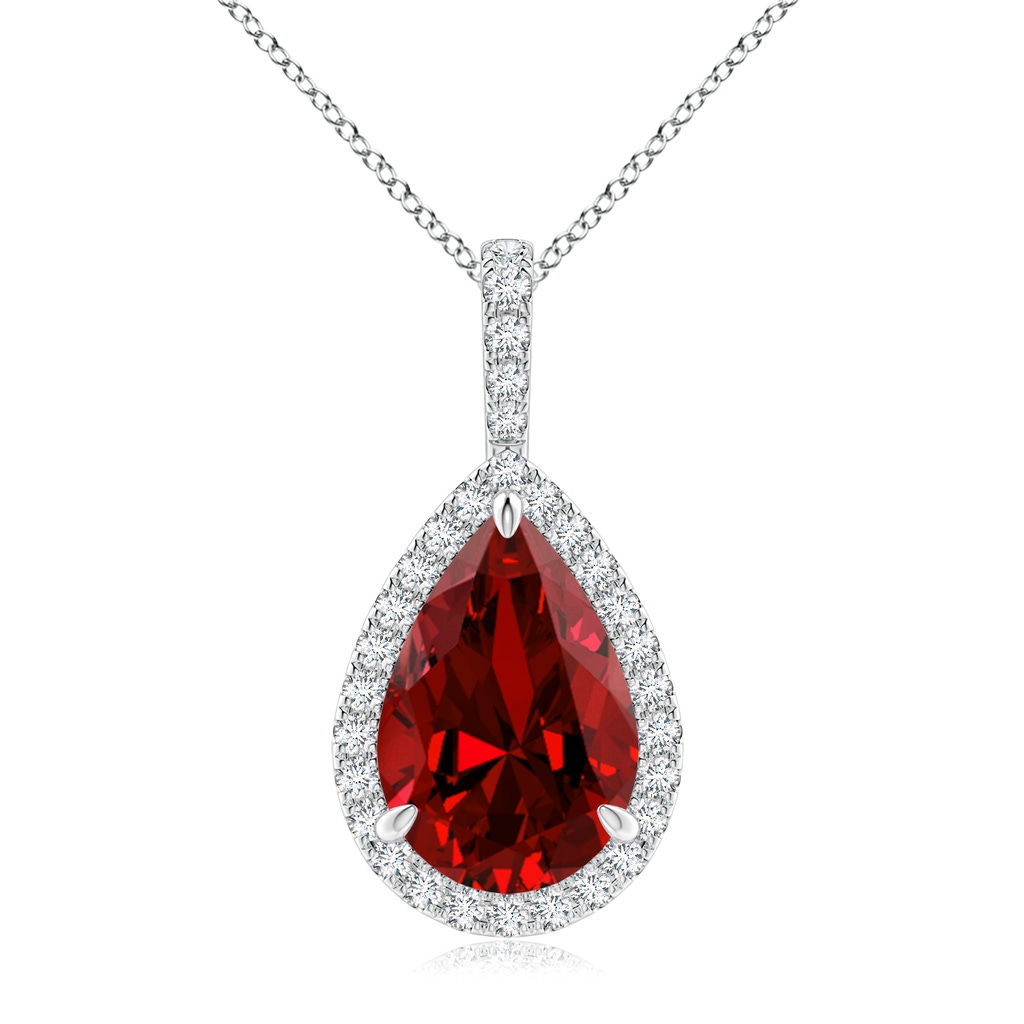12x10mm Labgrown Lab-Grown Ruby Teardrop Pendant with Lab Diamond Halo in White Gold