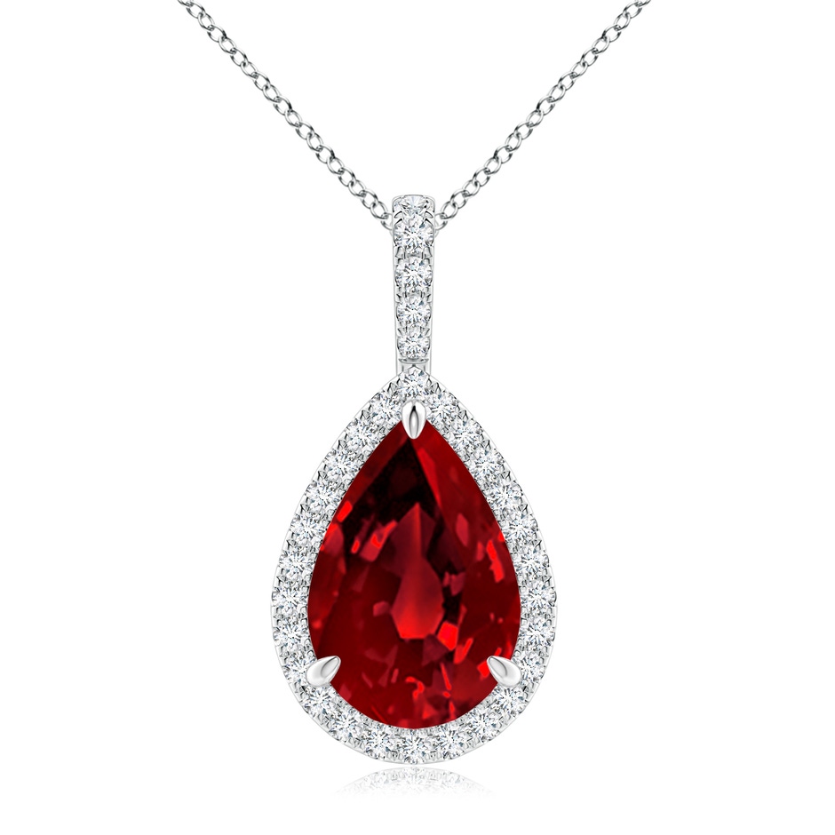 12x10mm Labgrown Lab-Grown Ruby Teardrop Pendant with Lab Diamond Halo in White Gold 