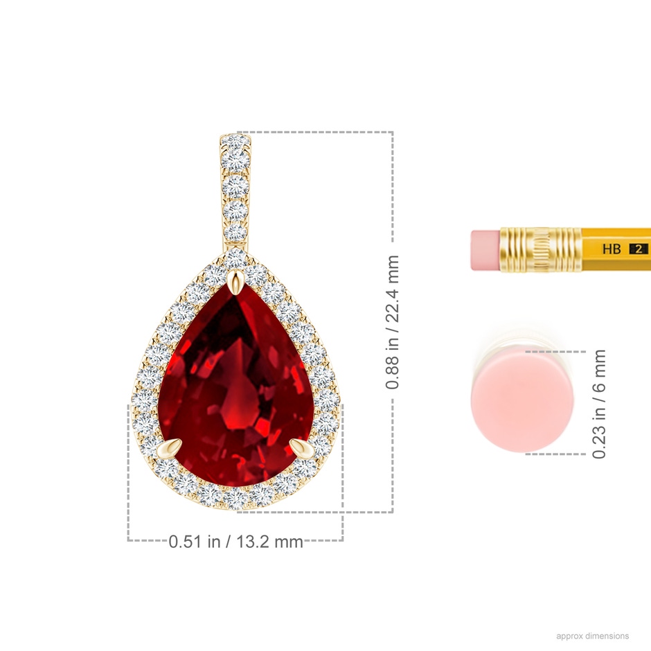 12x10mm Labgrown Lab-Grown Ruby Teardrop Pendant with Lab Diamond Halo in Yellow Gold ruler