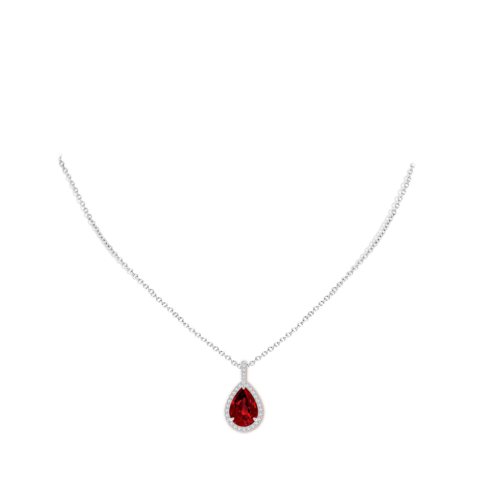 14x10mm Labgrown Lab-Grown Ruby Teardrop Pendant with Lab Diamond Halo in White Gold pen