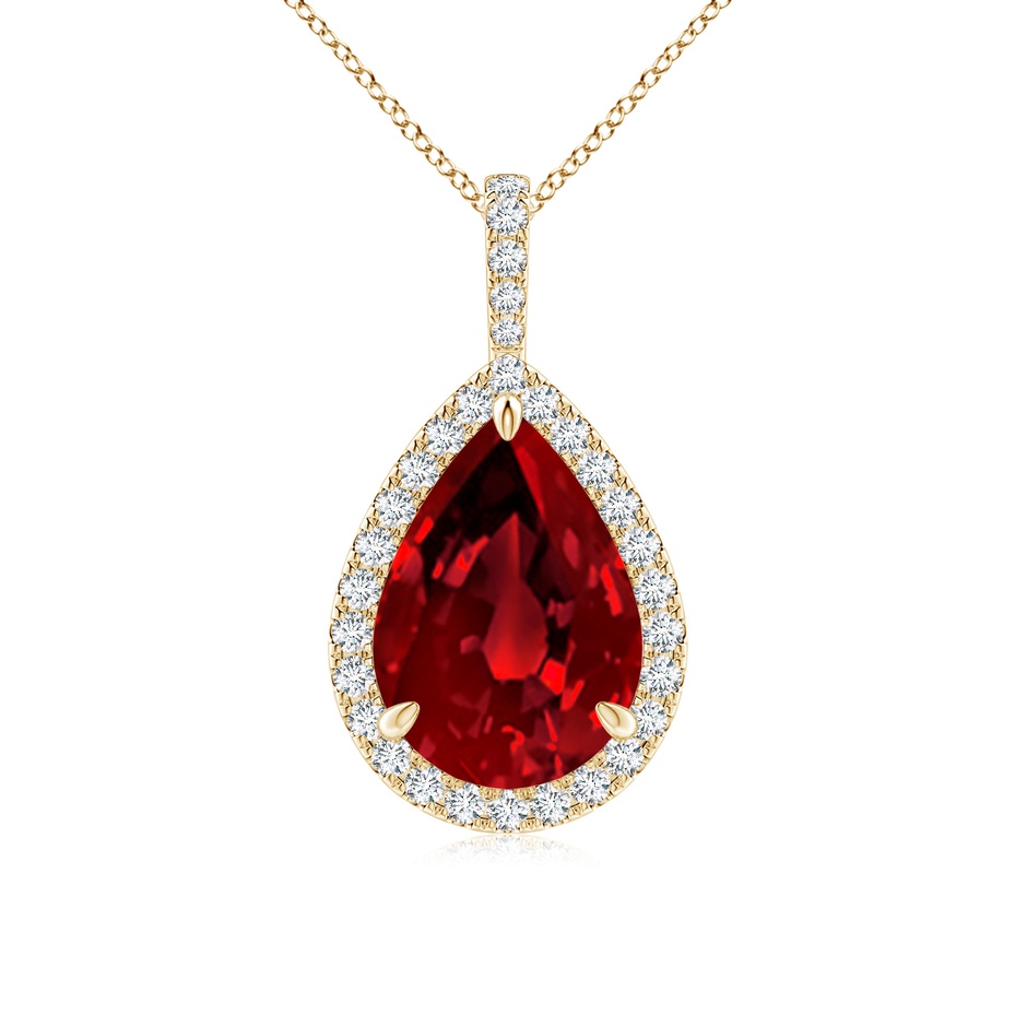 14x10mm Labgrown Lab-Grown Ruby Teardrop Pendant with Lab Diamond Halo in Yellow Gold 