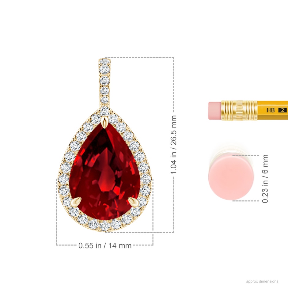 14x10mm Labgrown Lab-Grown Ruby Teardrop Pendant with Lab Diamond Halo in Yellow Gold ruler