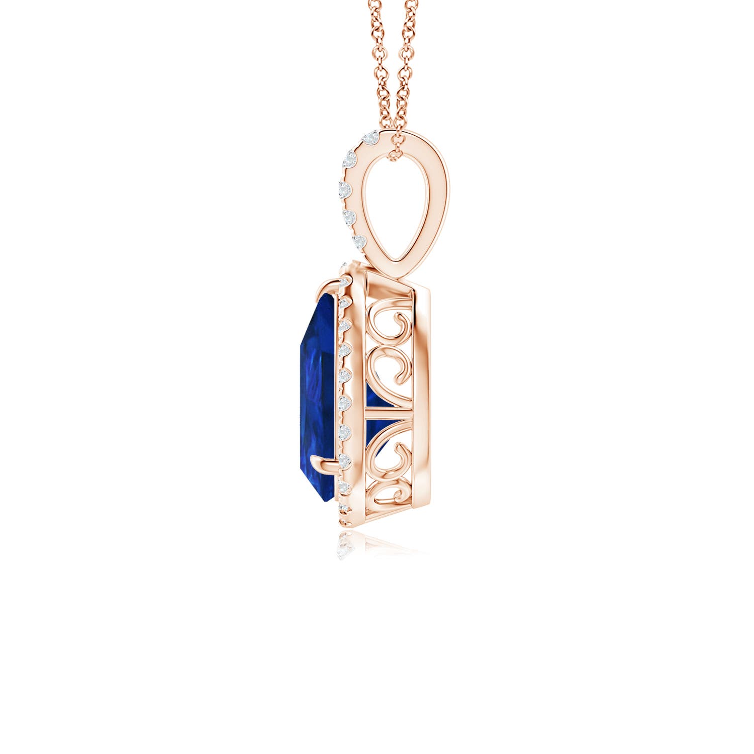10x8mm Labgrown Lab-Grown Blue Sapphire Teardrop Pendant with Lab Diamond Halo in Rose Gold