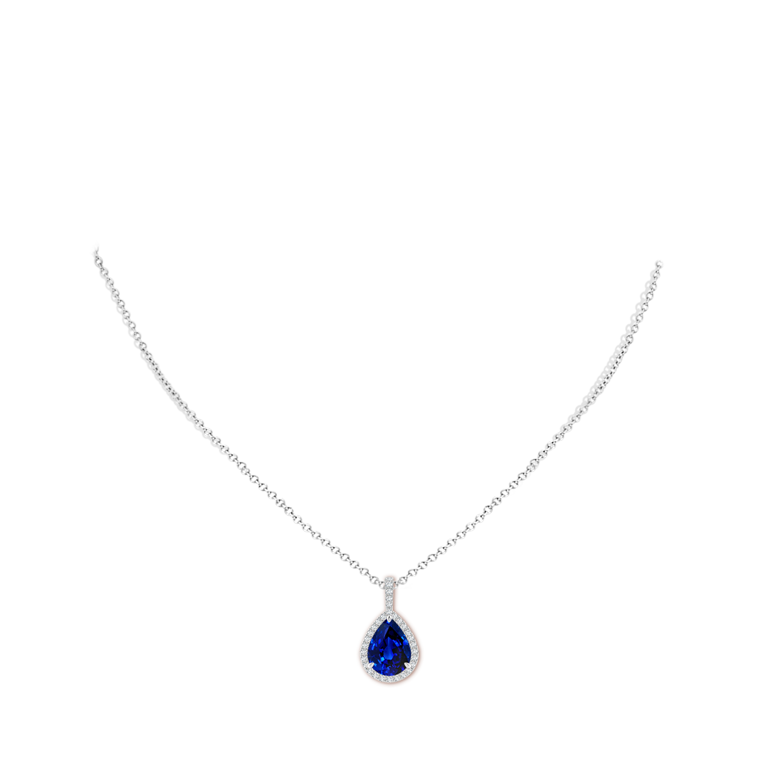 12x10mm Labgrown Lab-Grown Blue Sapphire Teardrop Pendant with Lab Diamond Halo in White Gold - body_neck