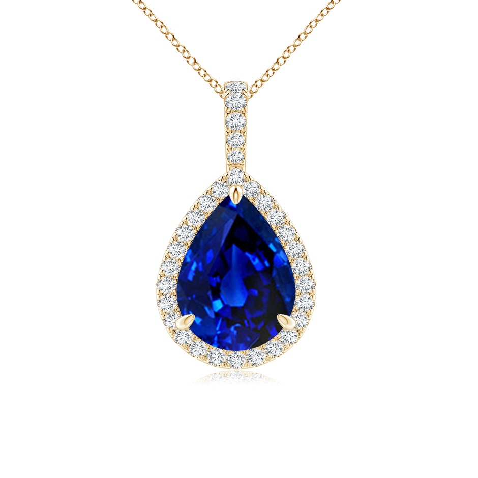 12x10mm Labgrown Lab-Grown Blue Sapphire Teardrop Pendant with Lab Diamond Halo in Yellow Gold 