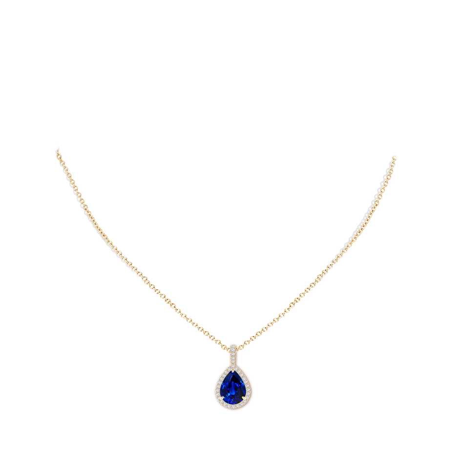 12x10mm Labgrown Lab-Grown Blue Sapphire Teardrop Pendant with Lab Diamond Halo in Yellow Gold pen