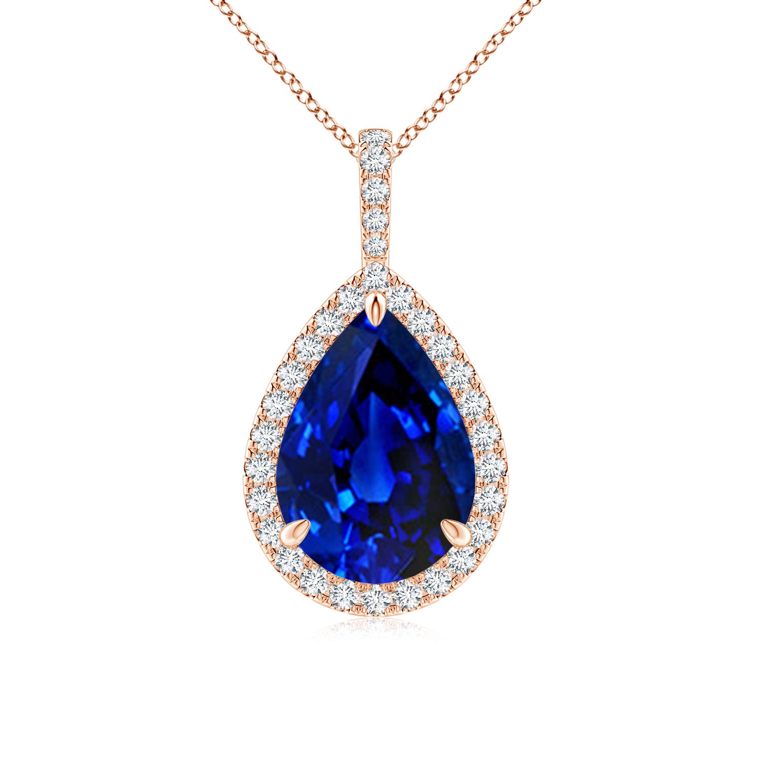 14x10mm Labgrown Lab-Grown Blue Sapphire Teardrop Pendant with Lab Diamond Halo in Rose Gold