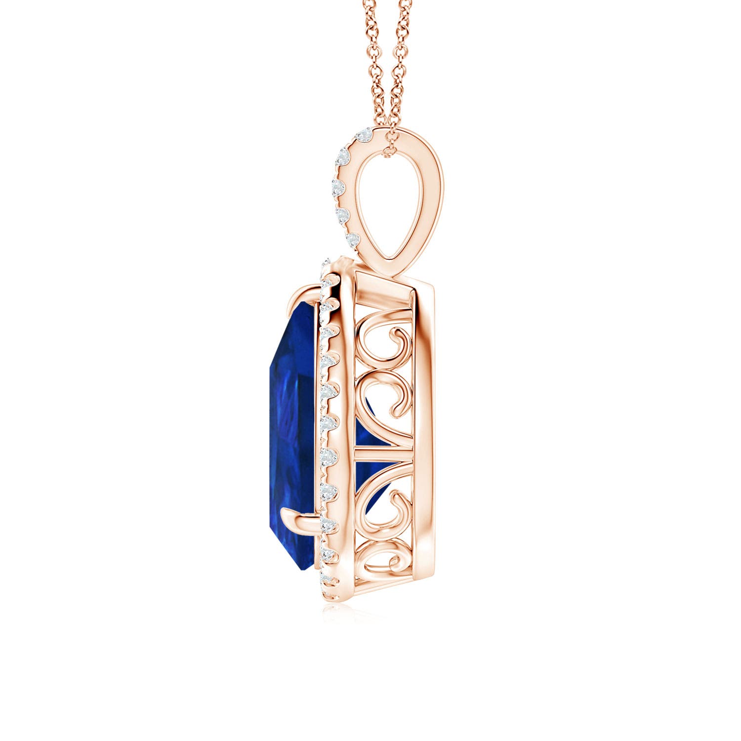 14x10mm Labgrown Lab-Grown Blue Sapphire Teardrop Pendant with Lab Diamond Halo in Rose Gold