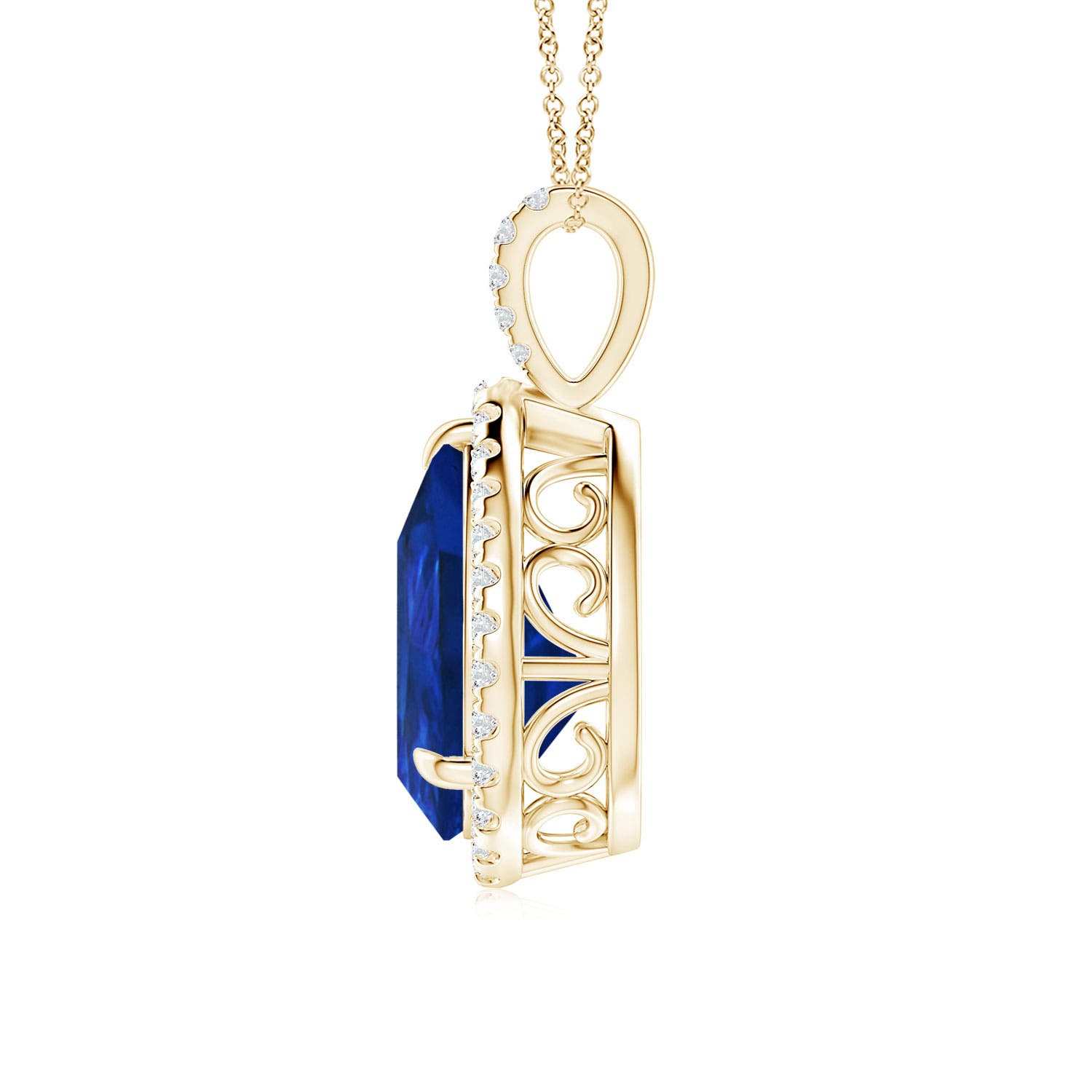 14x10mm Labgrown Lab-Grown Blue Sapphire Teardrop Pendant with Lab Diamond Halo in Yellow Gold