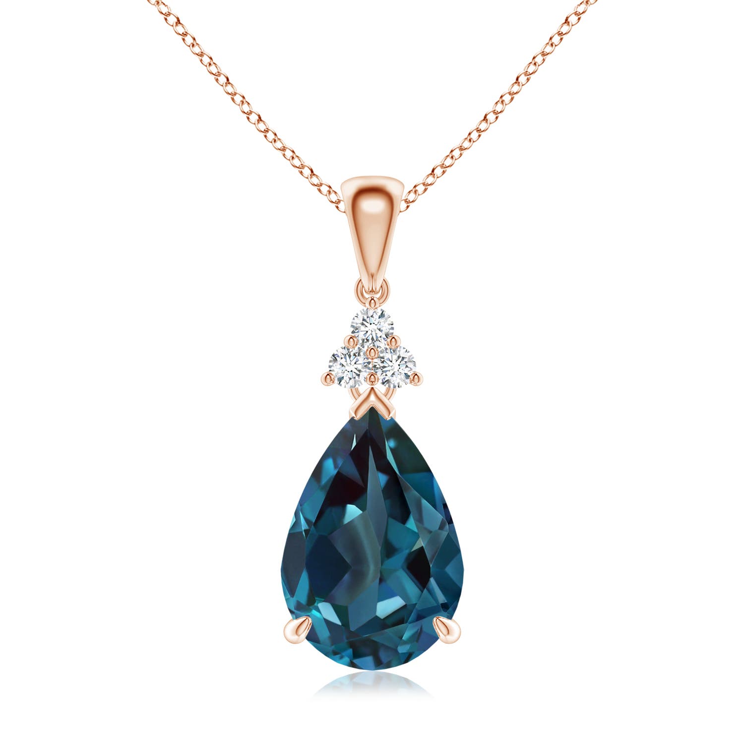 12x8mm Labgrown Claw-Set Lab-Grown Alexandrite Drop Pendant with Trio Diamonds in Rose Gold