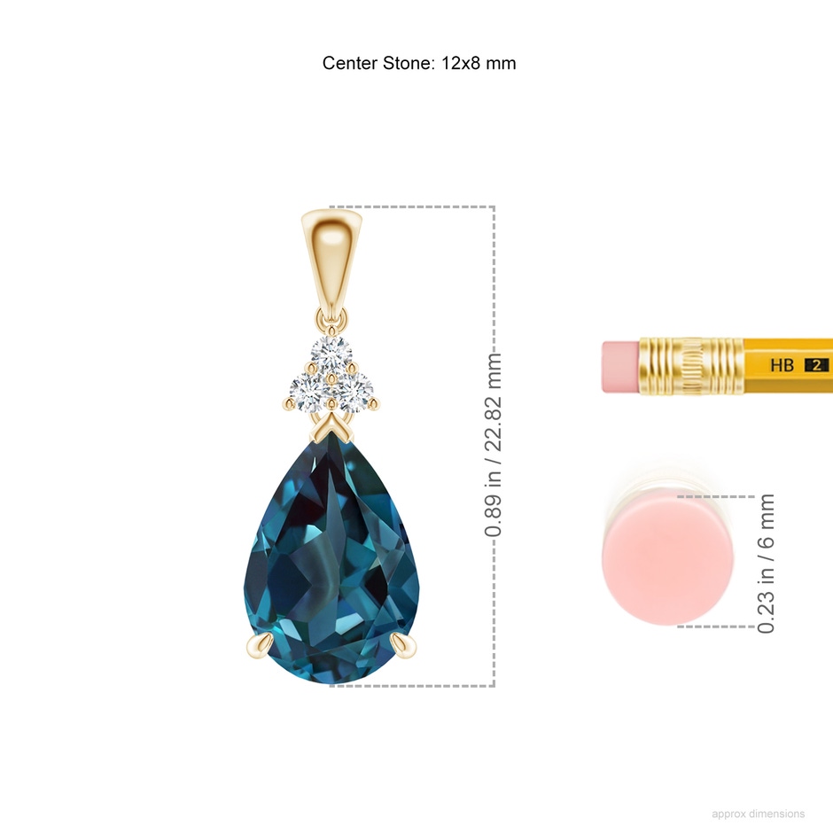 12x8mm Labgrown Claw-Set Lab-Grown Alexandrite Drop Pendant with Trio Diamonds in Yellow Gold ruler