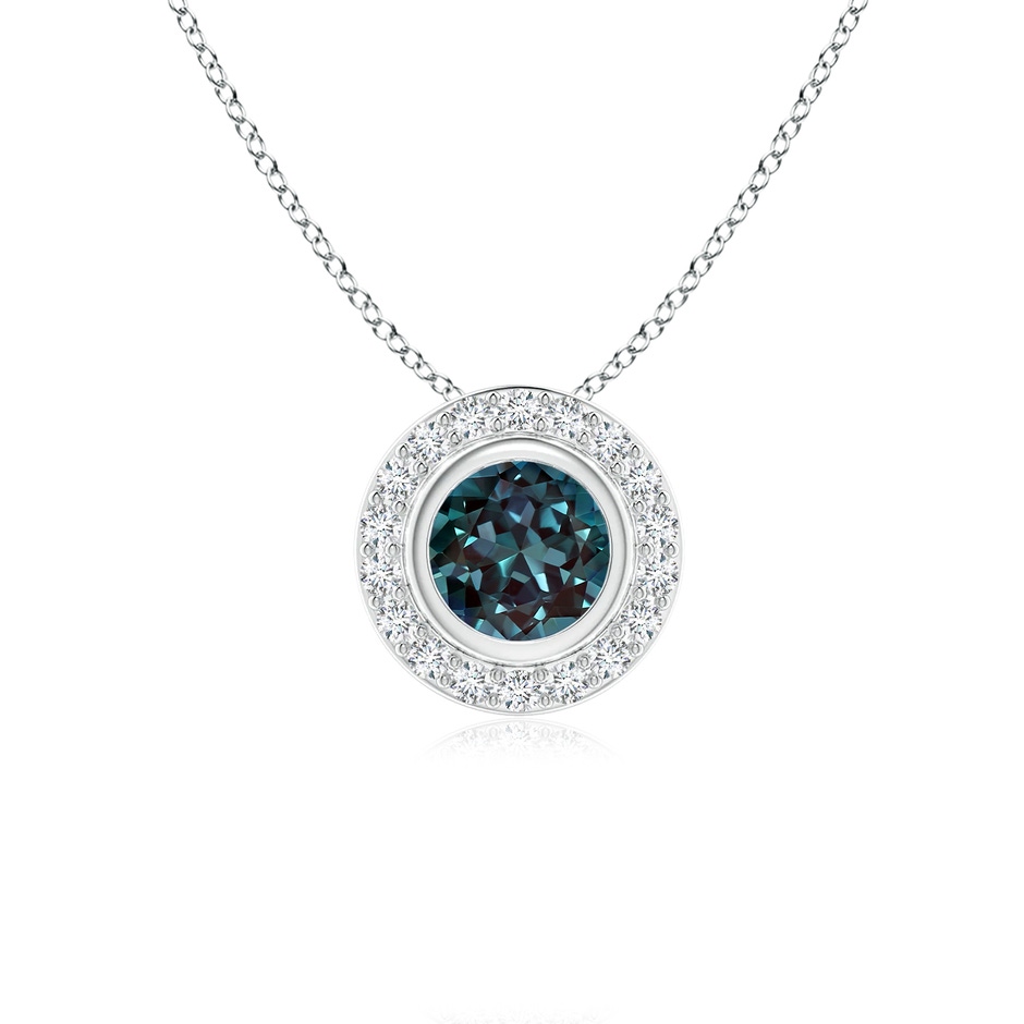 5mm Labgrown Round Bezel-Set Lab-Grown Alexandrite Pendant with Diamond Halo in 18K White Gold 