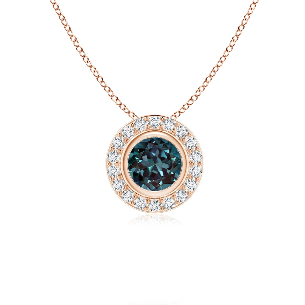 5mm Labgrown Round Bezel-Set Lab-Grown Alexandrite Pendant with Diamond Halo in Rose Gold