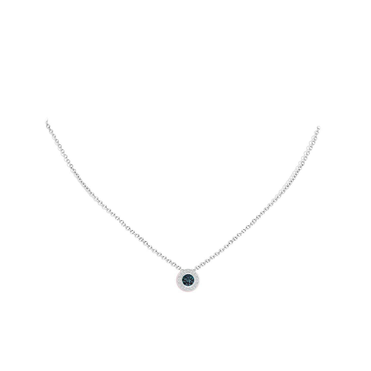 5mm Labgrown Round Bezel-Set Lab-Grown Alexandrite Pendant with Diamond Halo in White Gold - body_neck