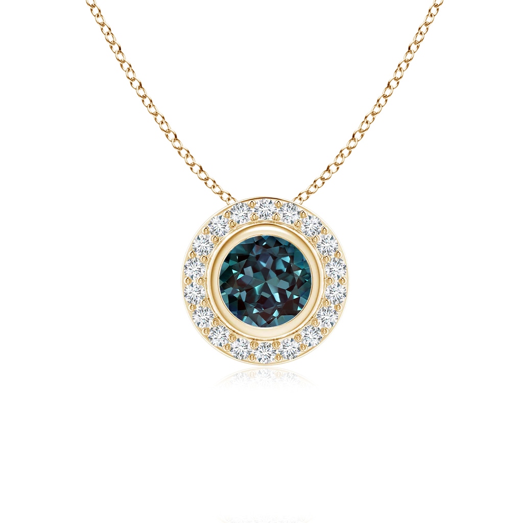 5mm Labgrown Round Bezel-Set Lab-Grown Alexandrite Pendant with Diamond Halo in Yellow Gold