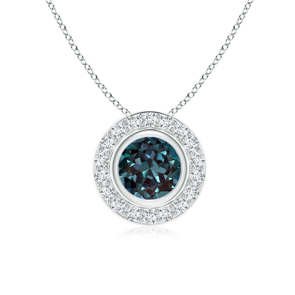 6mm Labgrown Round Bezel-Set Lab-Grown Alexandrite Pendant with Diamond Halo in White Gold 
