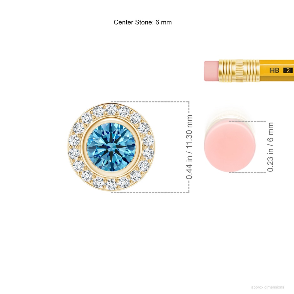 6mm Labgrown Round Bezel-Set Lab-Grown Fancy Intense Blue Diamond Pendant with Halo in 18K Yellow Gold ruler