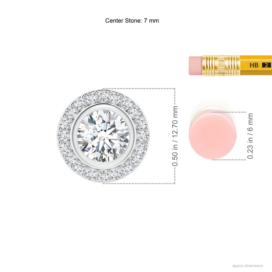 7mm FGVS Round Bezel-Set Lab-Grown Diamond Pendant with Halo in White Gold ruler