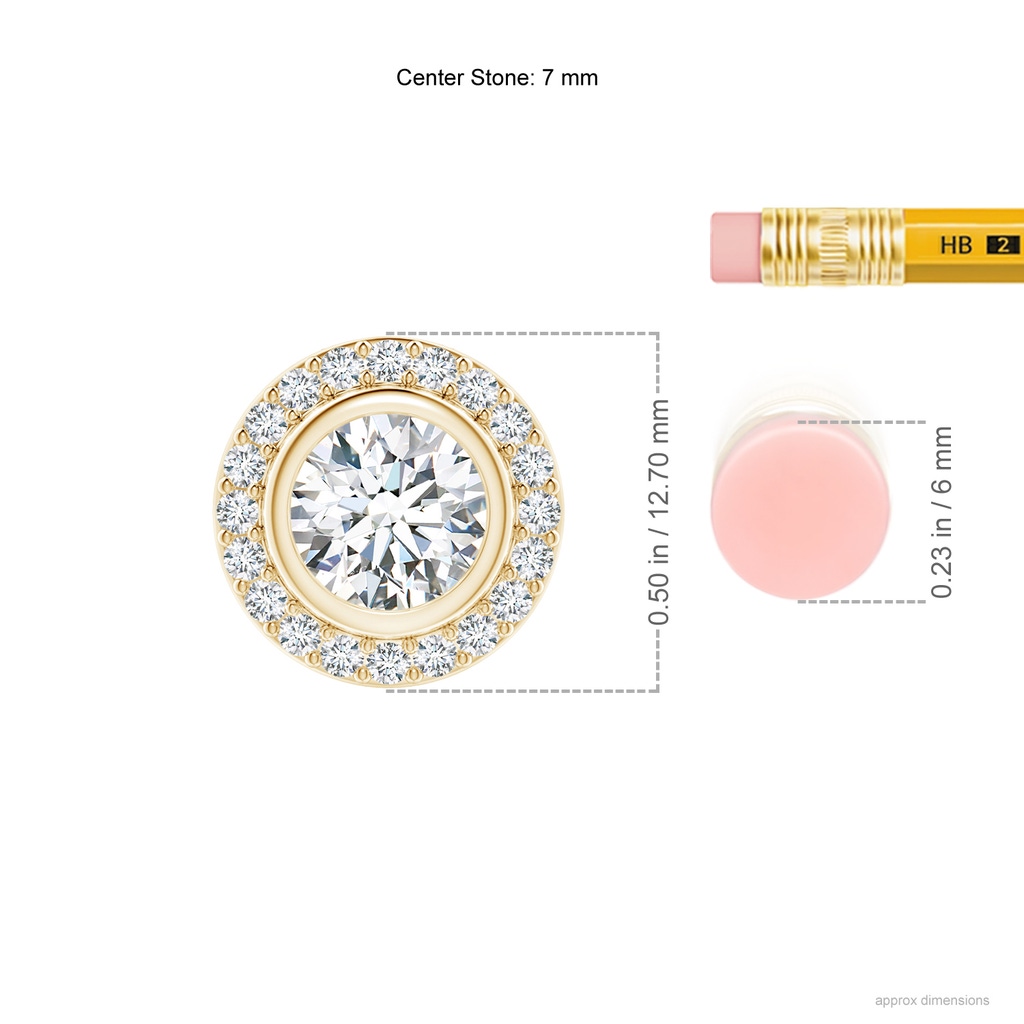 7mm FGVS Round Bezel-Set Lab-Grown Diamond Pendant with Halo in Yellow Gold ruler