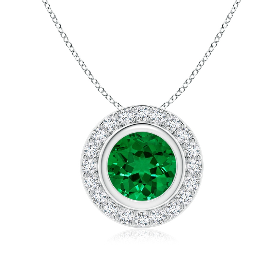 7mm Labgrown Round Bezel-Set Lab-Grown Emerald Pendant with Diamond Halo in White Gold 