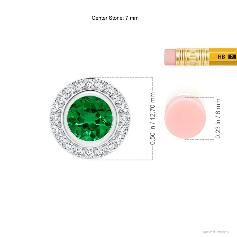 7mm Labgrown Round Bezel-Set Lab-Grown Emerald Pendant with Diamond Halo in White Gold ruler