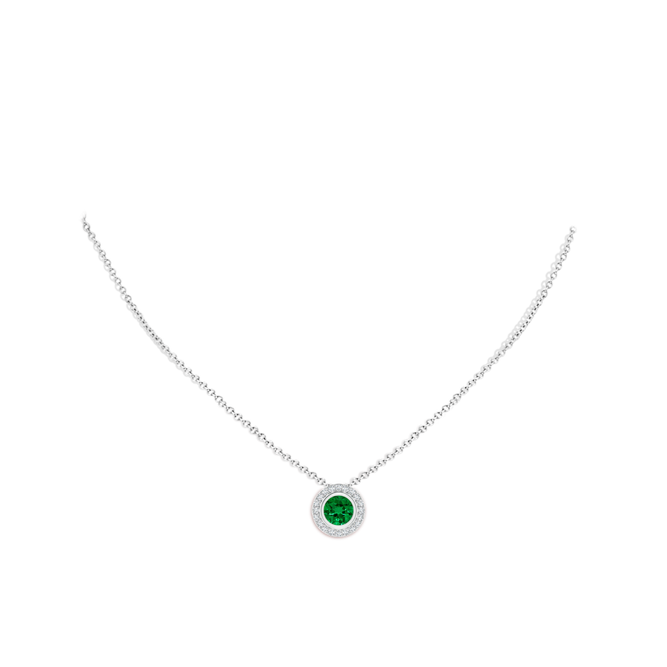 7mm Labgrown Round Bezel-Set Lab-Grown Emerald Pendant with Diamond Halo in White Gold pen