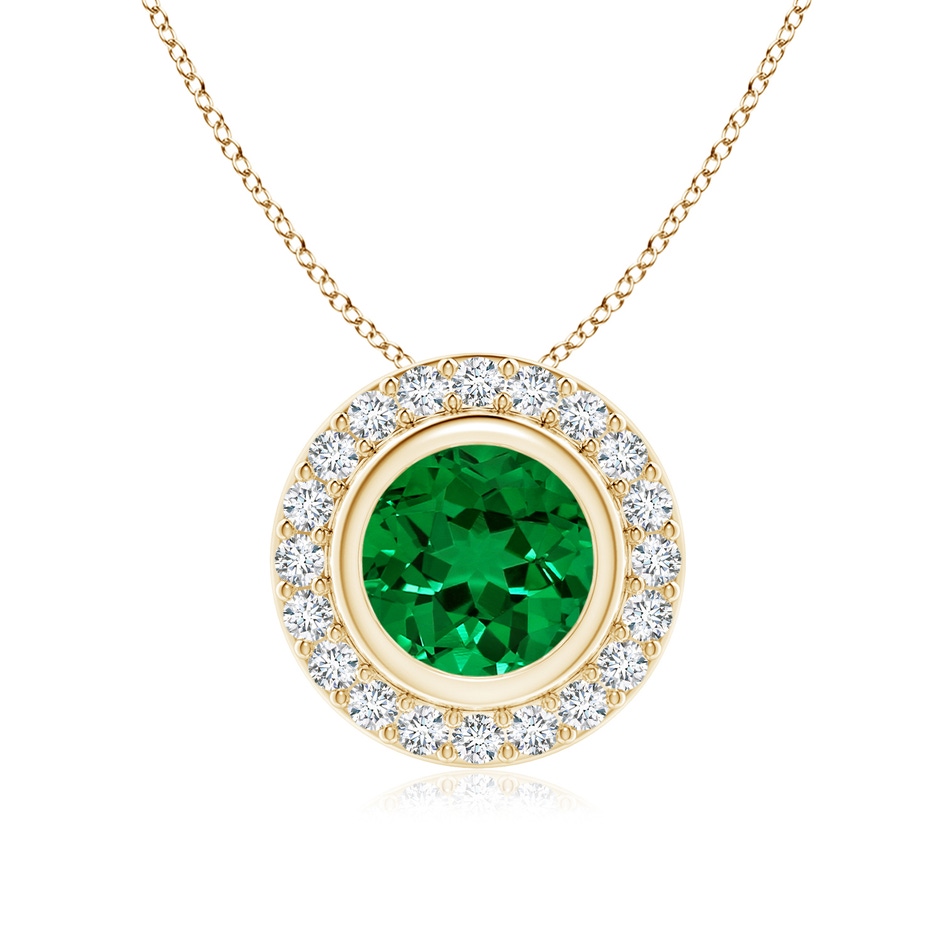 7mm Labgrown Round Bezel-Set Lab-Grown Emerald Pendant with Diamond Halo in Yellow Gold 