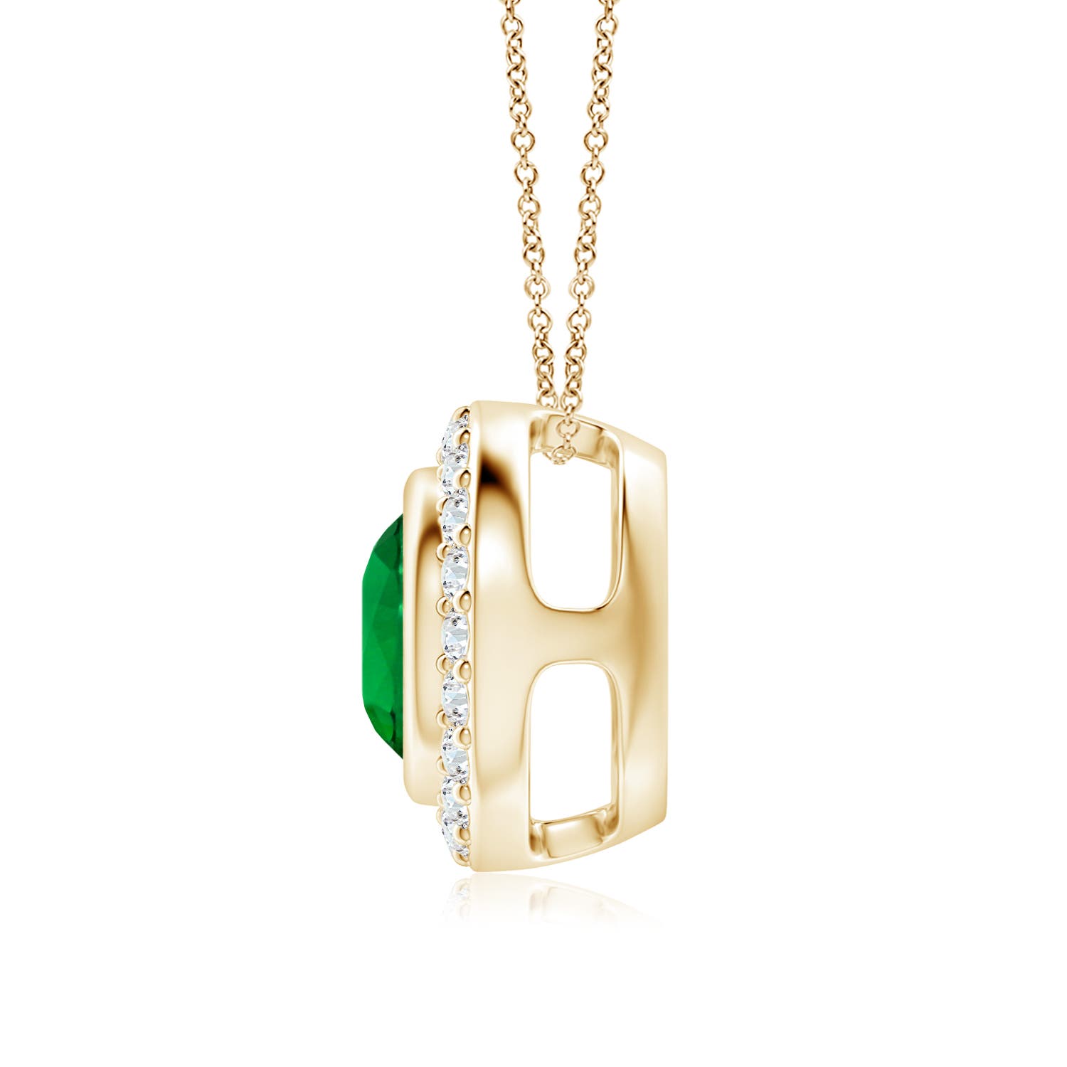 7mm Labgrown Round Bezel-Set Lab-Grown Emerald Pendant with Diamond Halo in Yellow Gold