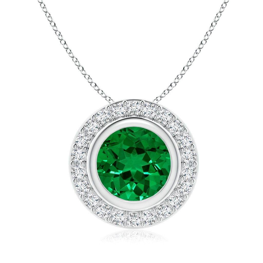 8mm Labgrown Round Bezel-Set Lab-Grown Emerald Pendant with Diamond Halo in White Gold 