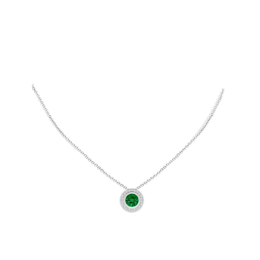 8mm Labgrown Round Bezel-Set Lab-Grown Emerald Pendant with Diamond Halo in White Gold pen