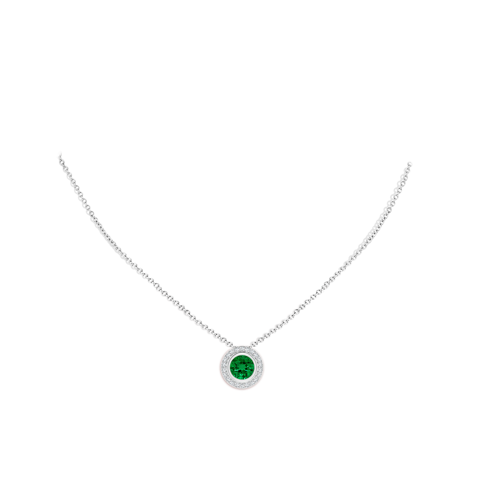 8mm Labgrown Round Bezel-Set Lab-Grown Emerald Pendant with Diamond Halo in White Gold pen