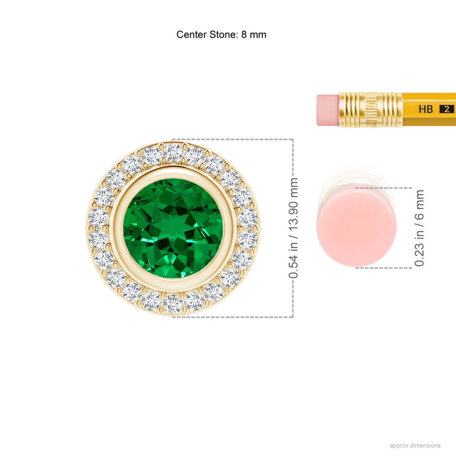 8mm Labgrown Round Bezel-Set Lab-Grown Emerald Pendant with Diamond Halo in Yellow Gold ruler