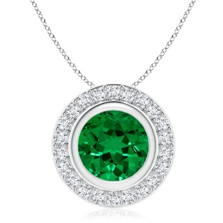 9mm Labgrown Round Bezel-Set Lab-Grown Emerald Pendant with Diamond Halo in P950 Platinum