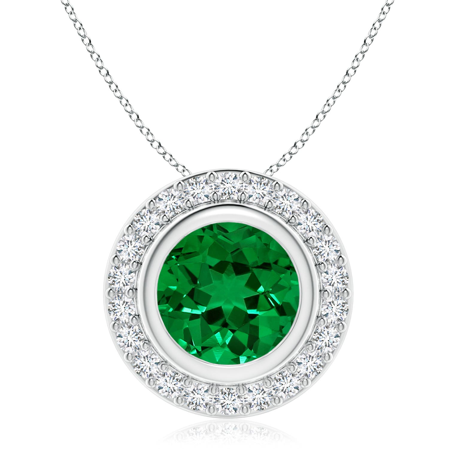 9mm Labgrown Round Bezel-Set Lab-Grown Emerald Pendant with Diamond Halo in White Gold