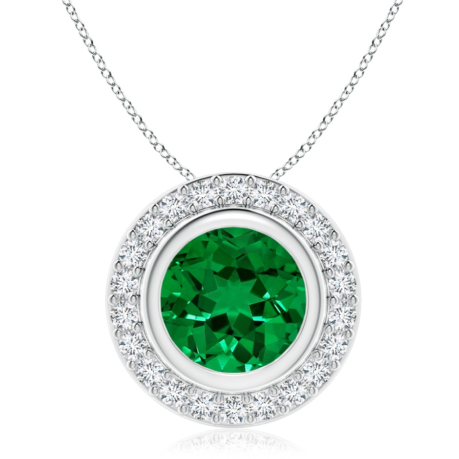 9mm Labgrown Round Bezel-Set Lab-Grown Emerald Pendant with Diamond Halo in White Gold 
