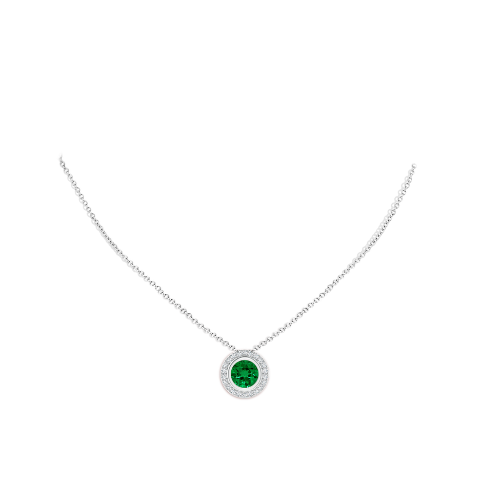 9mm Labgrown Round Bezel-Set Lab-Grown Emerald Pendant with Diamond Halo in White Gold pen