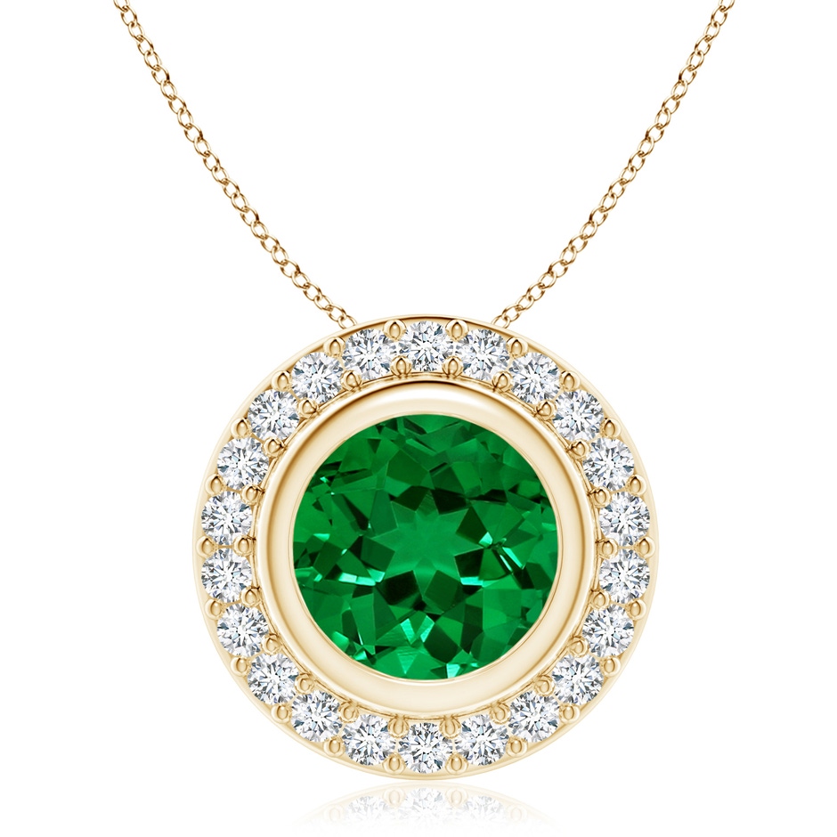9mm Labgrown Round Bezel-Set Lab-Grown Emerald Pendant with Diamond Halo in Yellow Gold 