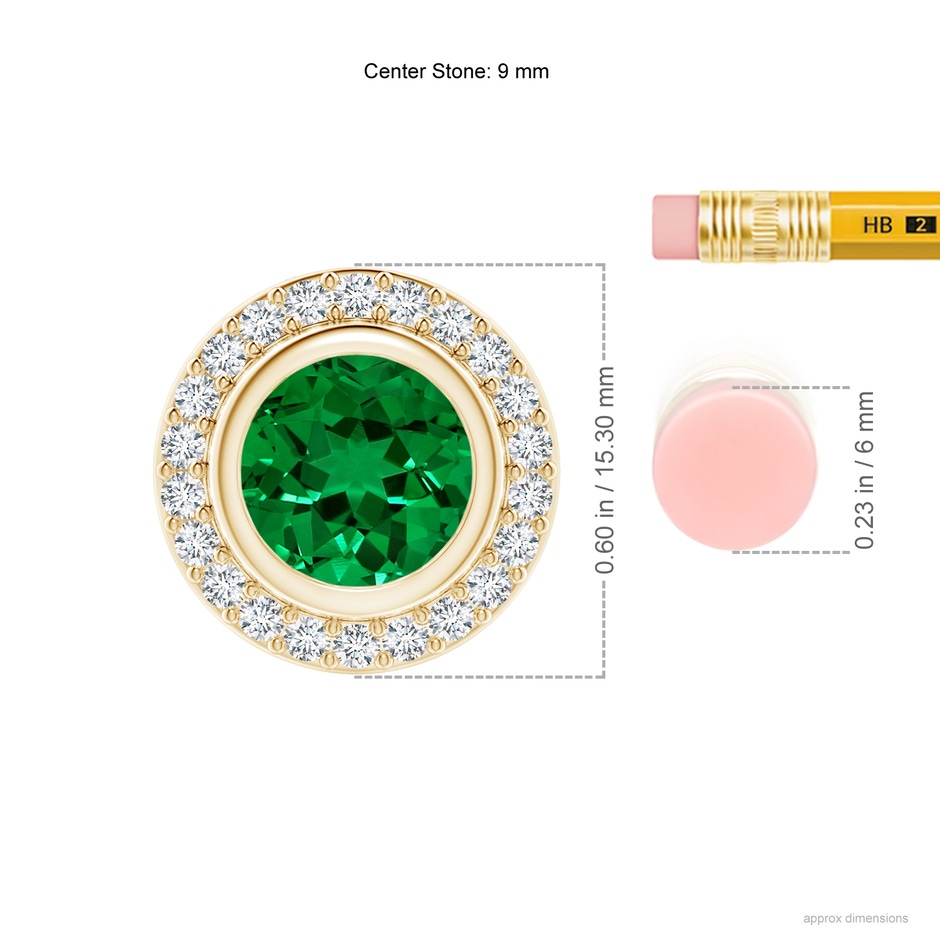 9mm Labgrown Round Bezel-Set Lab-Grown Emerald Pendant with Diamond Halo in Yellow Gold ruler