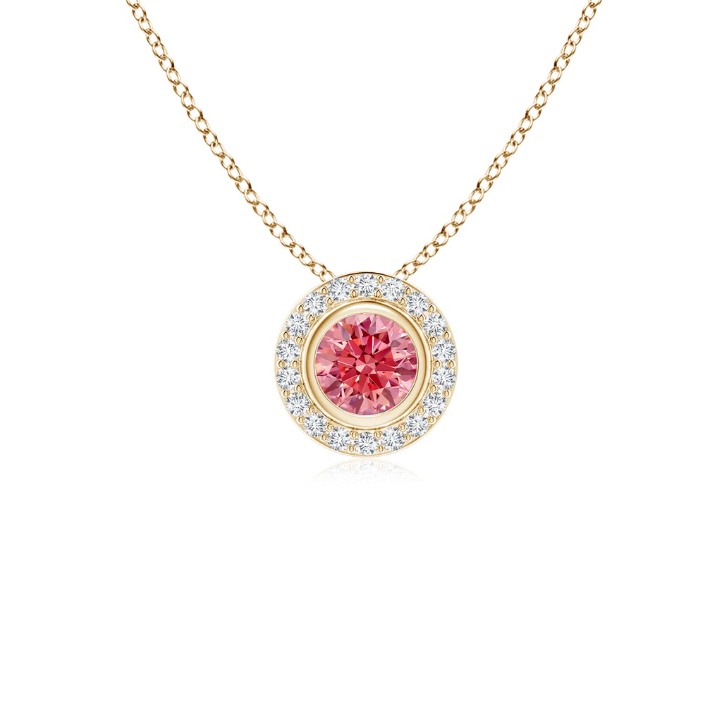 4mm Labgrown Round Bezel-Set Lab-Grown Fancy Intense Pink Diamond Pendant with Halo in Yellow Gold