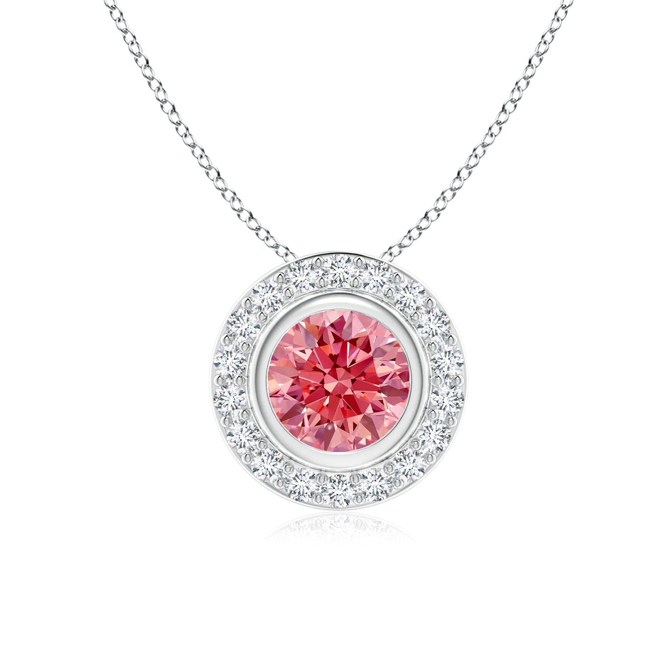 6mm Labgrown Round Bezel-Set Lab-Grown Fancy Intense Pink Diamond Pendant with Halo in 18K White Gold 