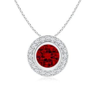 7mm Labgrown Round Bezel-Set Lab-Grown Ruby Pendant with Diamond Halo in White Gold