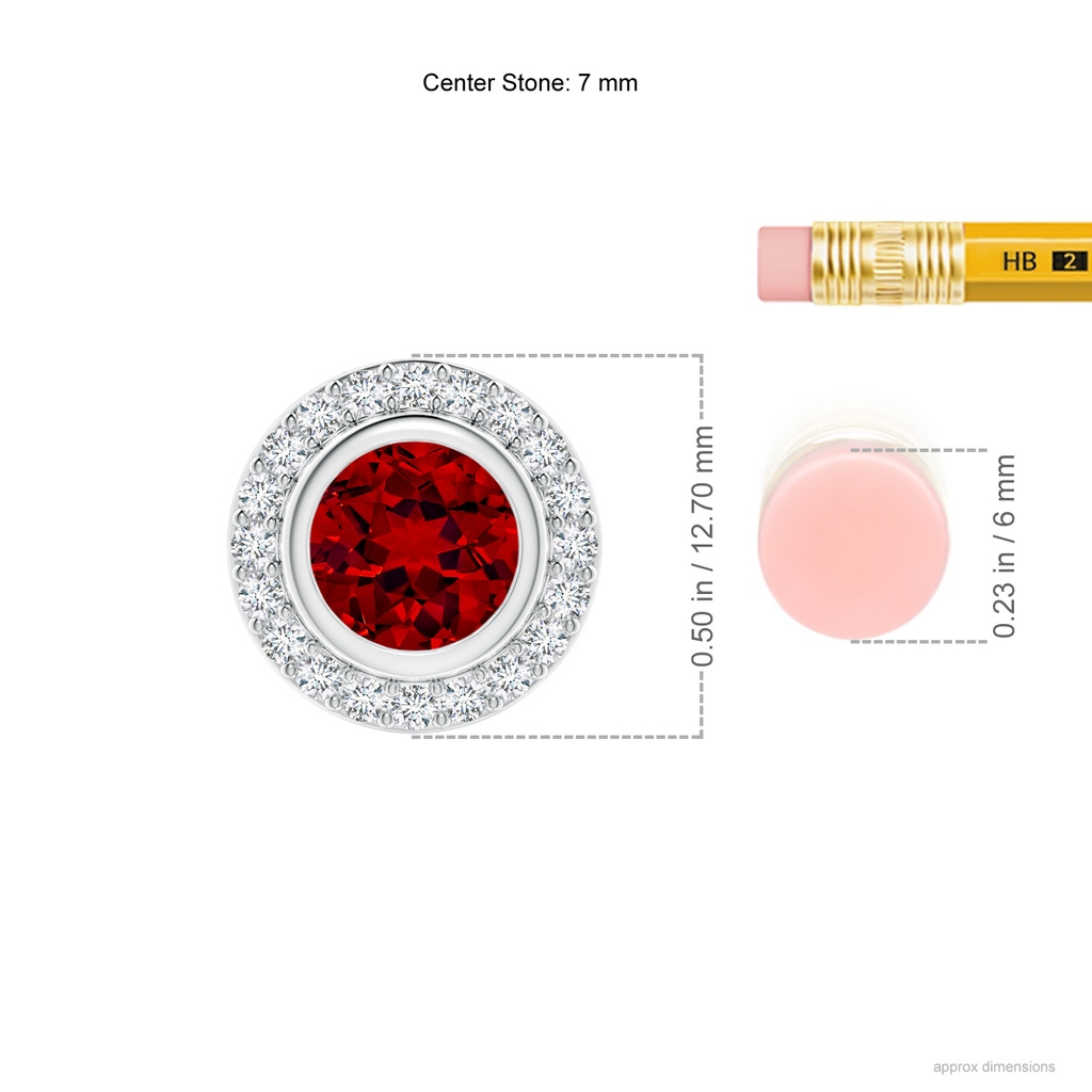 7mm Labgrown Round Bezel-Set Lab-Grown Ruby Pendant with Diamond Halo in White Gold ruler