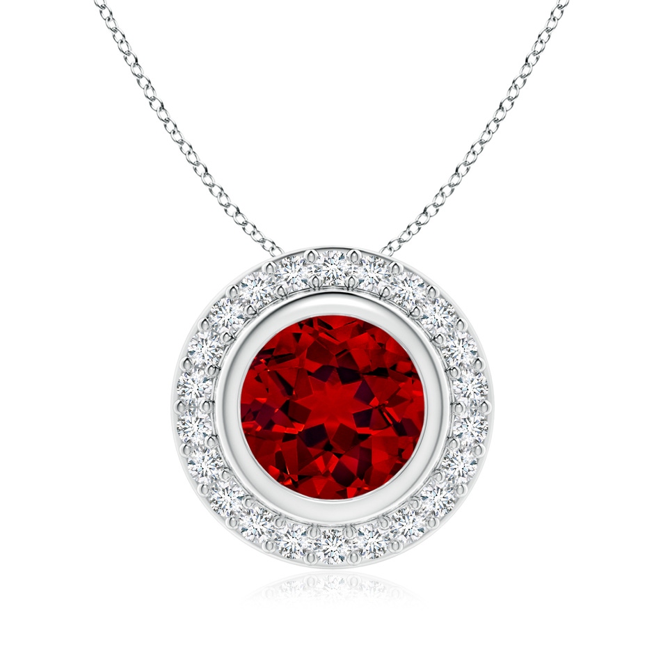 8mm Labgrown Round Bezel-Set Lab-Grown Ruby Pendant with Diamond Halo in White Gold 